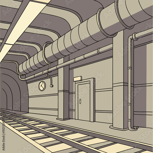 A perspective view of a train station platform with tracks, large pipes, a clock, and a closed door.