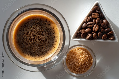 Irish Coffee in glass jar, frothy and dark, paired with sugar in bowl. Concept of rich flavors, coffee whiskey cream Irish traditional experience in cozy setup.