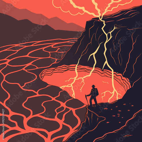 A solitary hiker stands on a cliff overlooking a fiery landscape of cracked lava and a volcanic crater during a lightning storm.