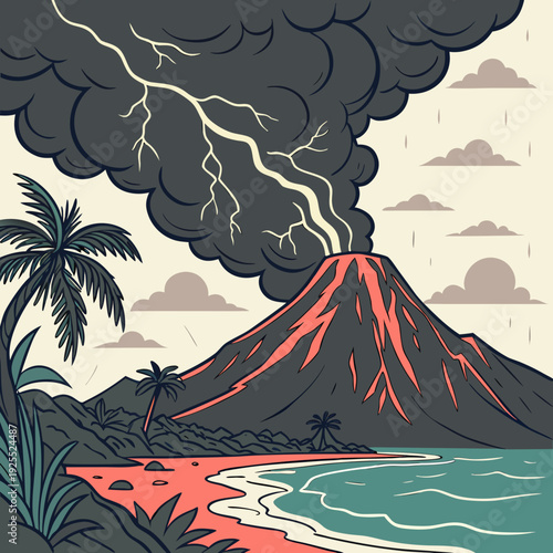 Dramatic illustration of a volcanic eruption on a tropical island beach, with lava flows, smoke, rain, and lightning.