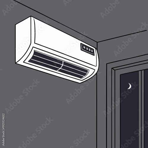 Close-up illustration of a wall-mounted air conditioning unit in a dark room, with a window showing a night sky and crescent moon.
