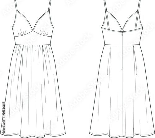 Women spaghetti strap V-neck midi dress technical flat sketch, front and back view vector illustration