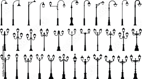 Classic street lamp silhouettes mega collection, vintage urban lantern light posts bundle, outdoor decorative lighting concept
