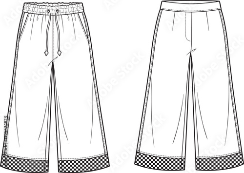 Women wide leg cropped pants technical fashion sketch, drawstring waistband casual apparel vector template design