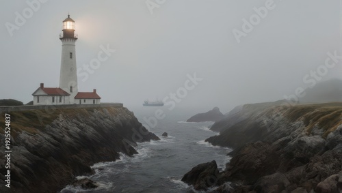 Yaquina Head Lighthouse Oregon Coast Foggy Morning Ocean Waves Crashing Rocky Shoreline.