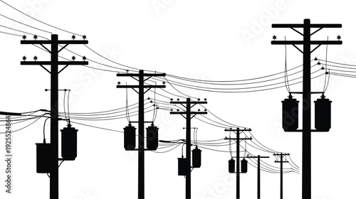 Electric utility poles and transformers silhouette set, overhead power distribution lines perspective, industrial energy infrastructure concept