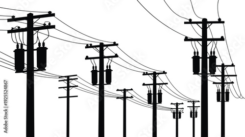 Electric utility poles with transformers silhouette collection, overhead power transmission and distribution lines, industrial energy infrastructure concept