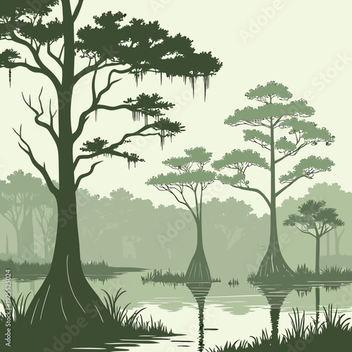 Atmospheric cypress swamp scene with distinctive trees and reflections in the water, set against a hazy backdrop in a green illustration.