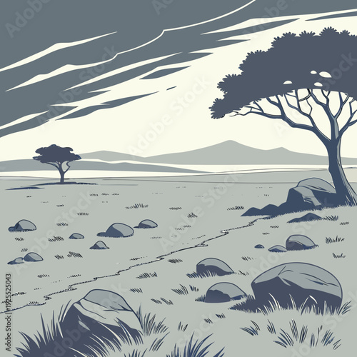 Stylized savanna vista with a solitary tree, rolling hills, and scattered stones under a moody, cloudy sky in a blue and grey illustration.