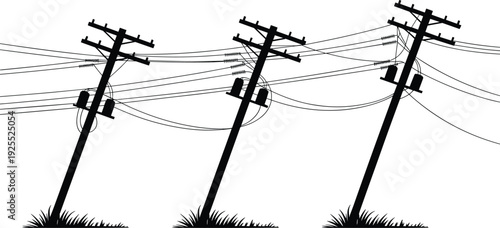 Leaning electric poles with transformers silhouette set, damaged overhead power lines, storm disaster infrastructure concept