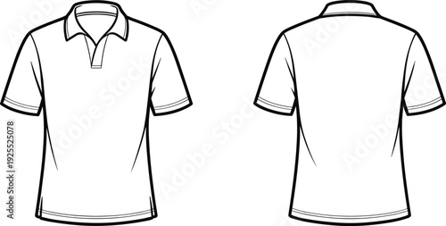 Men basic polo shirt CAD drawing, flat vector technical illustration with front and back views isolated on white background