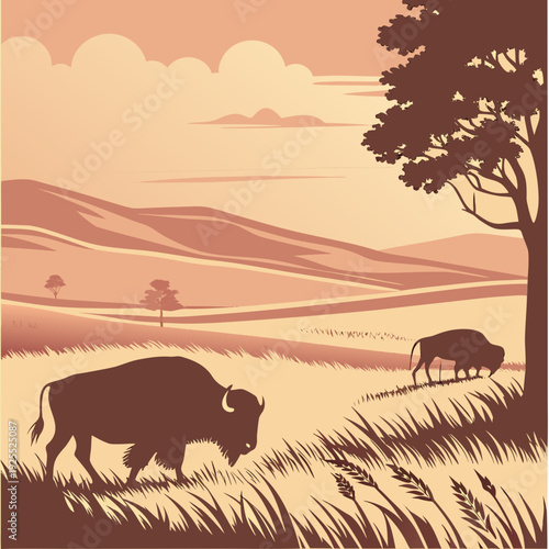 Majestic bison roaming a rolling grassland under a warm, hazy sky with scattered trees and clouds, in a retro sepia-toned illustration.