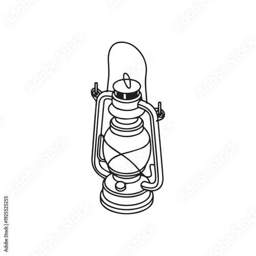A vintage kerosene lantern drawing, line art old oil lamp, hand drawn classic retro gas light, antique camping equipment sketch illustration