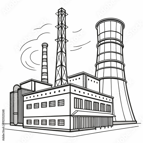 A large building with a tower and smokestacks