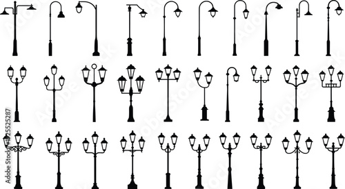 Vintage street lamp silhouettes collection, classic urban lantern light posts set, outdoor lighting design concept