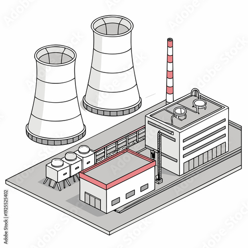 A nuclear power plant with cooling towers and a reactor building