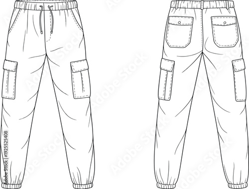 Women cargo jogger pants CAD drawing, flat vector technical illustration with front and back views isolated on white background