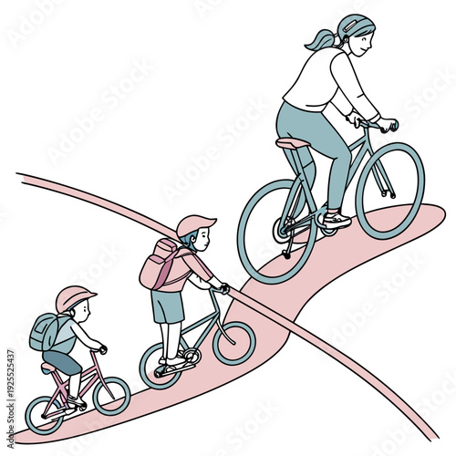 A family rides bikes on a bike path with a child wearing a backpack