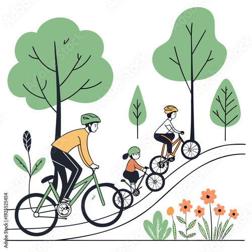 A family rides bicycles on a path through a park