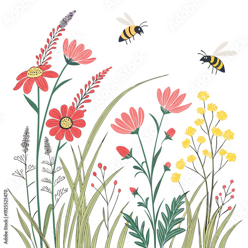 Artistic illustration featuring bright red and yellow wildflowers, green foliage, and playful bees in flight, conveying a lively and abundant summer garden.