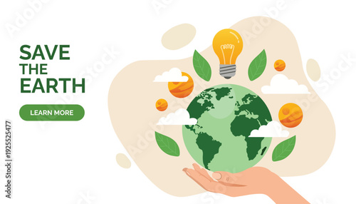 Earth Day Illustration of Hand Holding Globe with Recycle Icon, Light Bulb, Leaves, and Eco-Friendly Elements.