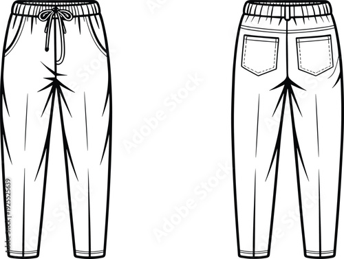 Women tapered jogger pants CAD drawing, flat vector technical illustration with front and back views isolated on white background