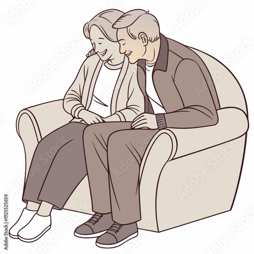An elderly couple sitting on a couch looking at something together