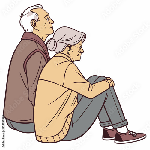 An elderly couple sitting on the floor with a troubled expression