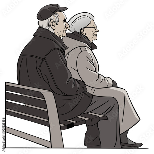 An elderly couple sitting on a bench together