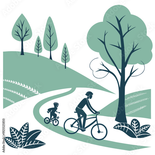 A man and a child riding bicycles on a path in a park