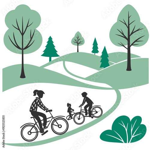 A family rides bicycles on a scenic trail through a park