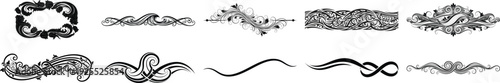 Collection of black ornamental flourishes and decorative borders on white background