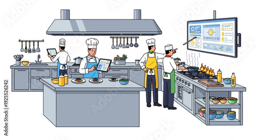 Chefs working diligently in a modern professional kitchen environment.