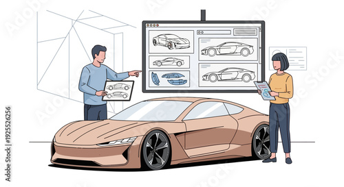 Car Design Presentation with Prototypes and Blueprints.