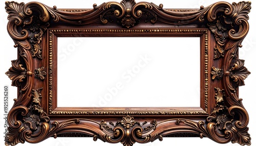 Ornate Empty Frame Rich Wood Gilt Edges on White Background Antiqued Look