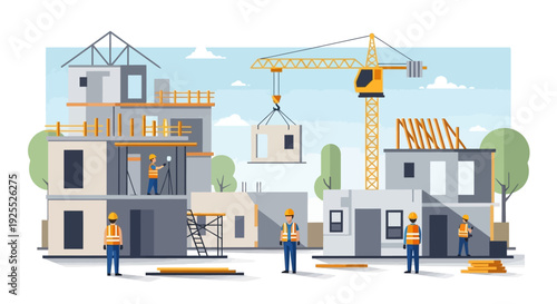 Construction Site with Workers and Crane Building Houses.