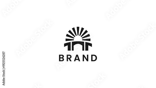 Modern architectural bridge logo with rising sun abstract design representing innovation and connection