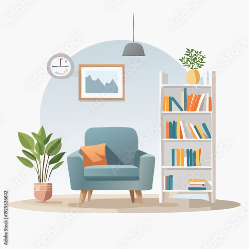 Cozy reading corner with a comfortable armchair and a bookcase full of books