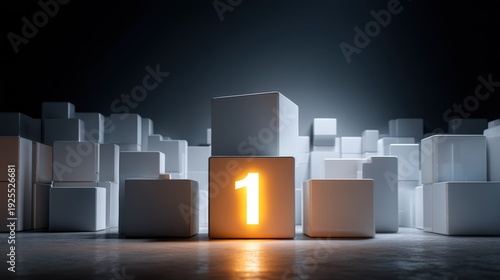 A glowing cube with the number one stands out among many white cubes in a dark, reflective environment, hardship in a success journey with AI