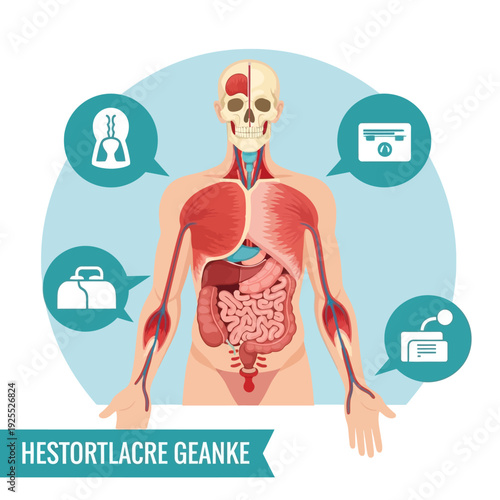Human Anatomy Medical Illustration: Organs, Skeleton, and Medical Icons