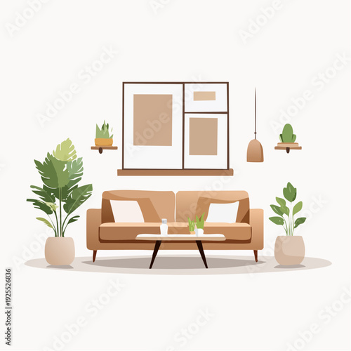 Cozy Living Room Scene with Modern Sofa and Houseplants, Minimalist Decor