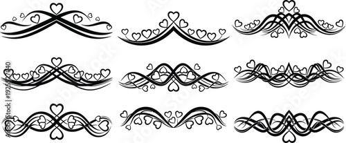 Collection of nine black decorative flourishes with heart shapes hearts love decoration