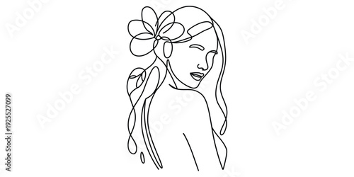 Minimalist one line drawing of a woman with a flower in her hair