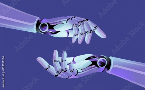 Stylized Illustration of Two Robotic Hands Extended Towards Each Other, Representing AI Support, Future Interaction, and Digital Assistance