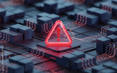 Prominent Red Exclamation Warning Symbol on a Futuristic Circuitry Background with Blue Hues, Representing Cybersecurity Threats
