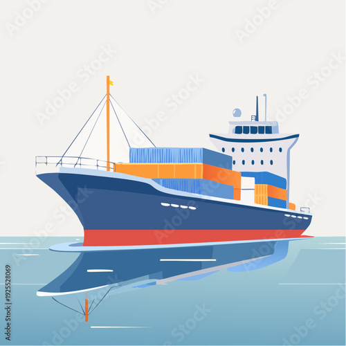 Vibrant illustration of a modern cargo ship carrying stacked shipping containers across calm water, symbolizing global logistics and international trade