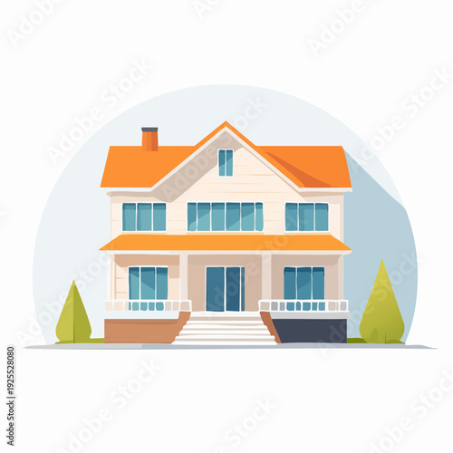 Classic suburban family dream home with a bright orange roof and front porch