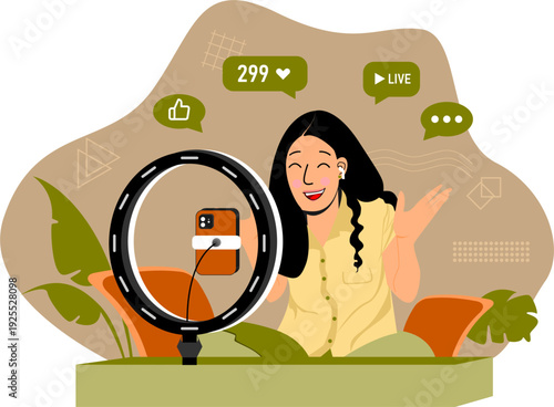 Cheerful female content creator live streaming on smartphone with ring light. Social media vector illustration. Made for web UI, apps, banners, posters, cards etc.