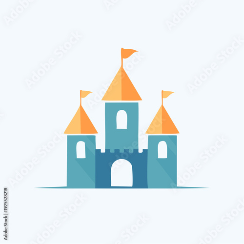A whimsical cartoon illustration of a blue castle with orange turrets and flags, perfect for fantasy or fairy tale themes