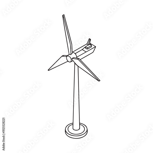 Wind turbine isometric line art illustration for renewable energy concept black and white outline drawing of green power electricity generator isolated on clear white background